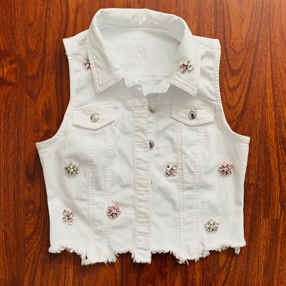 Stufio F Jackets & Blazers - White Jean Vest w/ Jewel Adornment &Fringe detail
